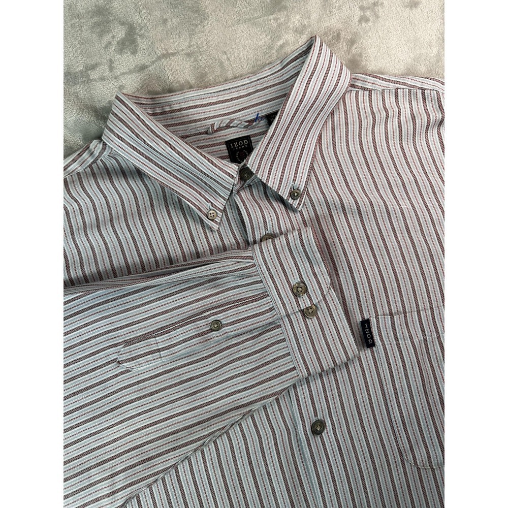 Izod Jeans Shirt Mens 3XLT Gray Red Stripe Button Front Indigo Prep Casual